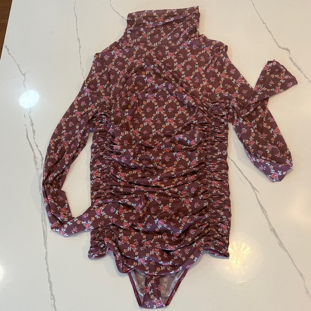 Free People Mauve Floral Long Sleeve Ruched Bodysuit
